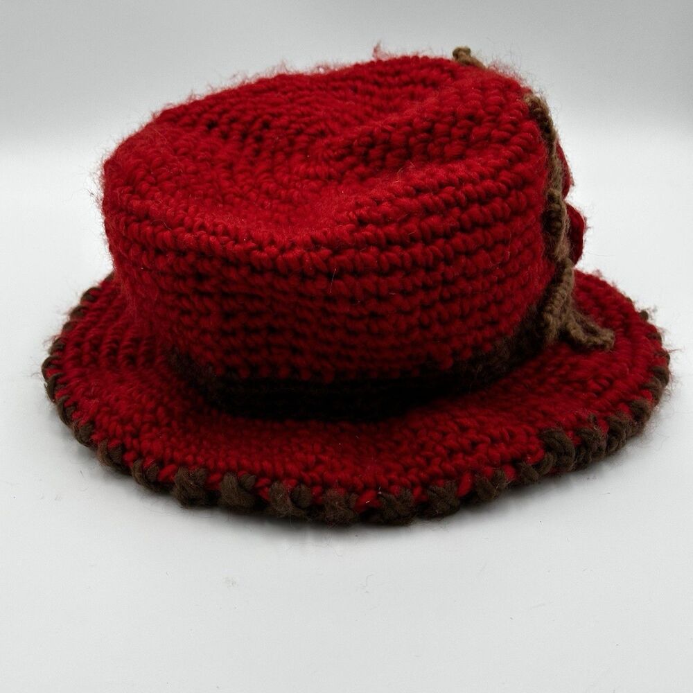 Crochet Red/Brown Knit Cloche Bucket Hat Women Winter Beanies Cap w flower Lined - Picture 6 of 10